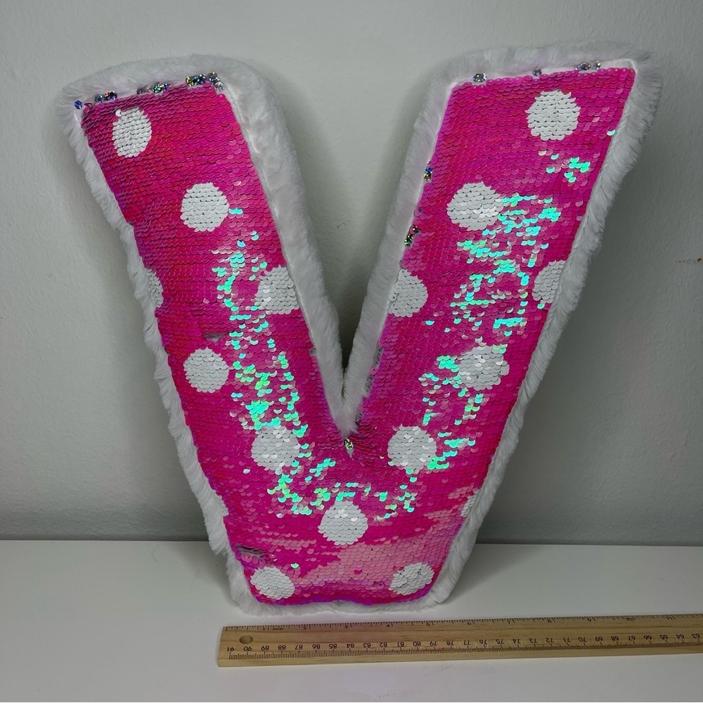 Justice Pink / White Flip-Sequin Letter “V” Stuffed Pillow / Decor